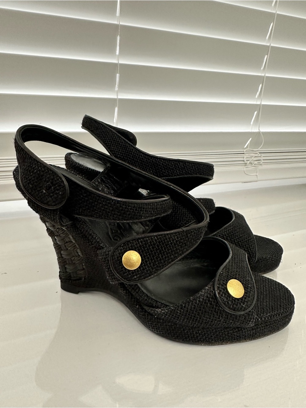 Black Salvatore Ferragamo Women's Wedge Sandals with Gold Accent